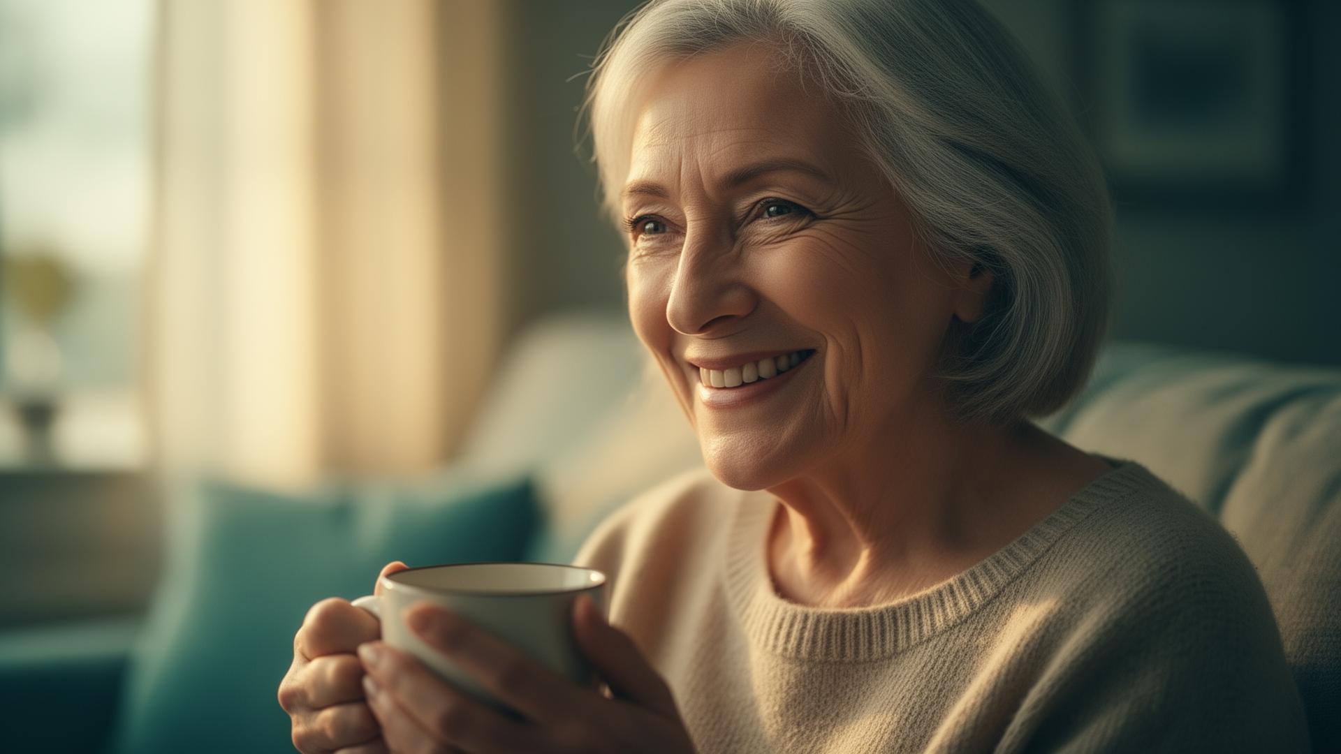 Senior woman at home, smiling with a warm cup of tea